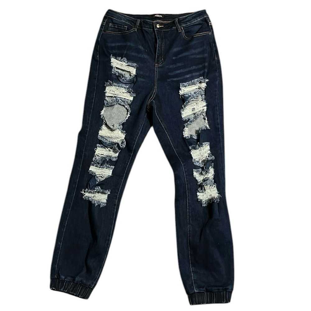 American Bazi distressed dark wash plus size jeans with cuffed ankles - Picture 2 of 6